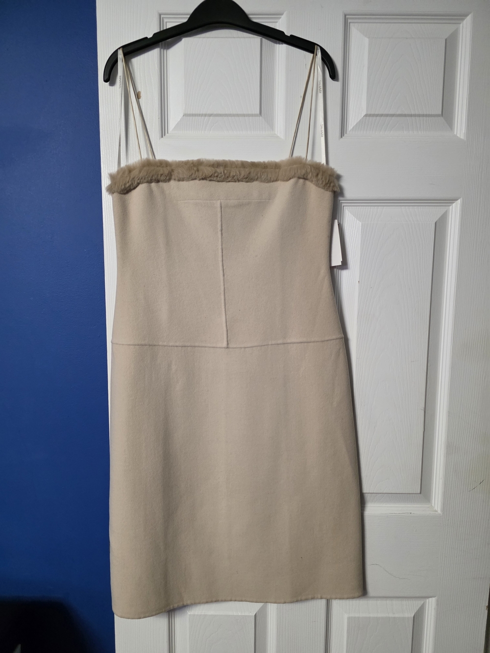 Tahari Cashmere Beige Mini Dress with Faux-Fur Trim
